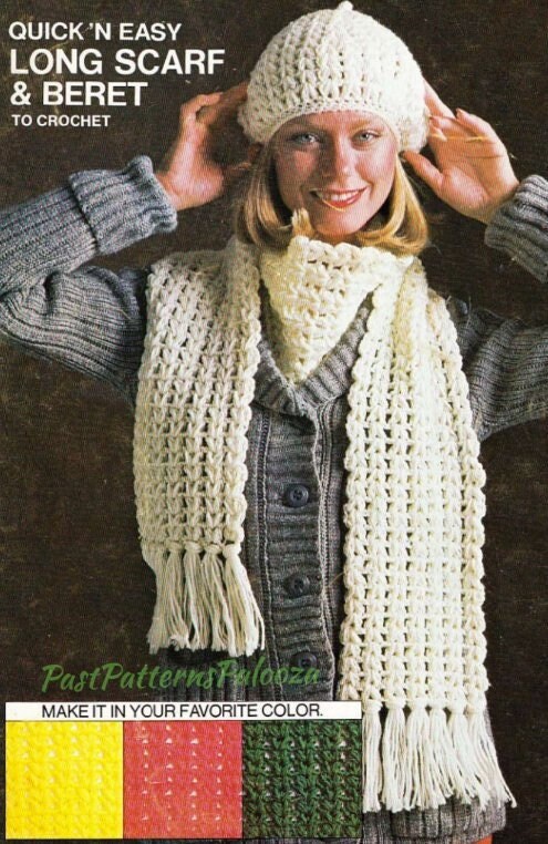 Vintage Crochet Pattern Womens Classic Simple Long Scarf and Beret Hat Set PDF Shell Stitch Chains Instant Digital Download 8 10 Ply