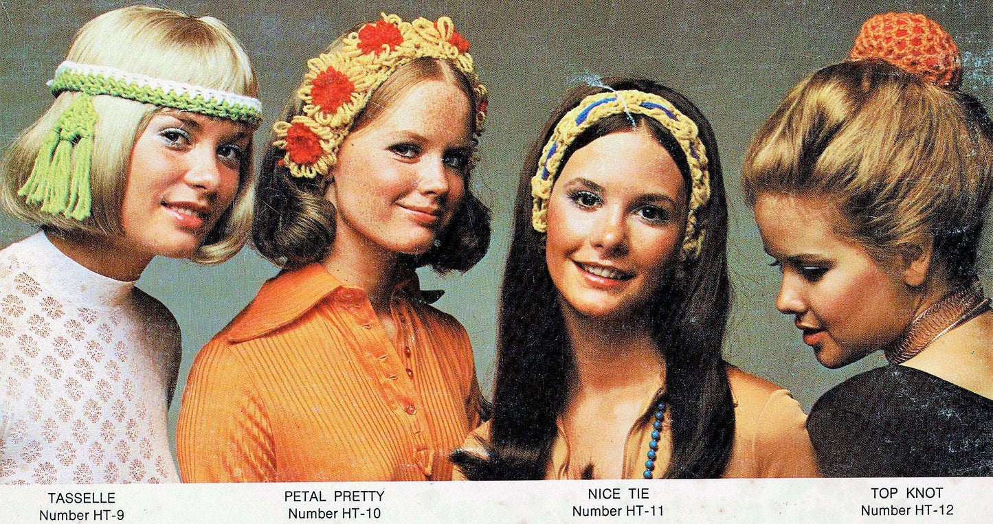 Vintage Crochet Patterns Womens Retro '70s Hairbands Headbands Bun Holders PDF Instant Digital Download Hippie Gypsy Boho Flower Power 4 Ply