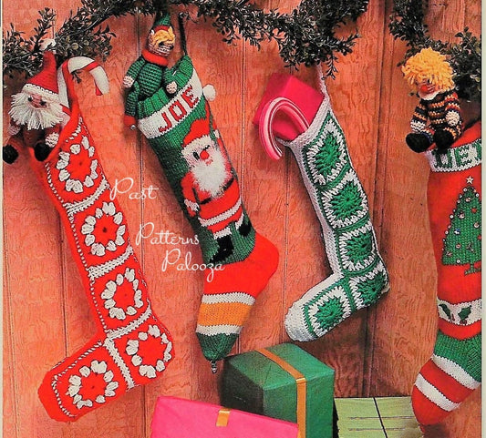 Vintage Christmas Knitting Pattern Tree and Winking Santa Name Stocking Crochet Granny Square Stocking Retro PDF Instant Digital Download
