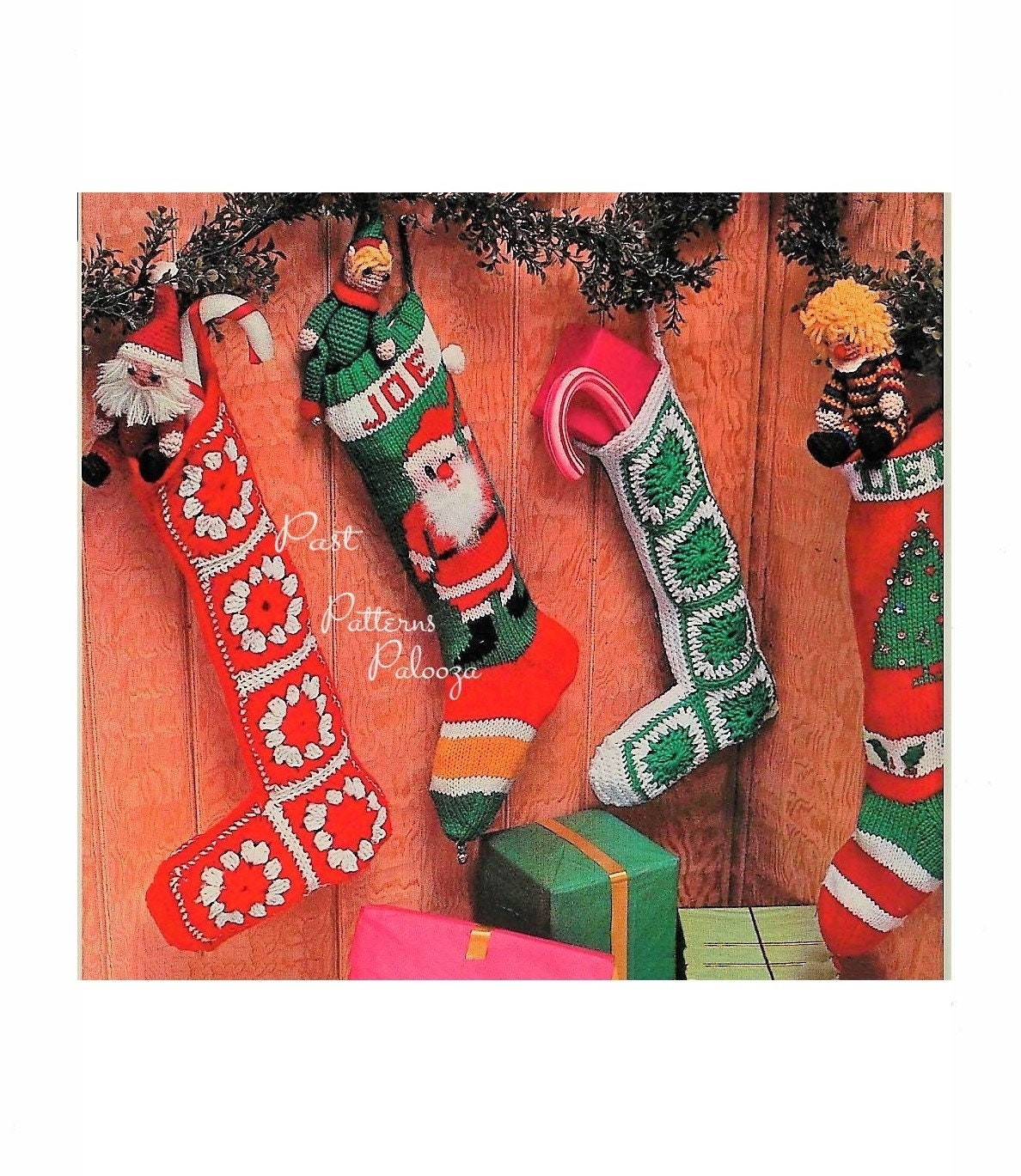Vintage Christmas Knitting Pattern Tree and Winking Santa Name Stocking Crochet Granny Square Stocking Retro PDF Instant Digital Download