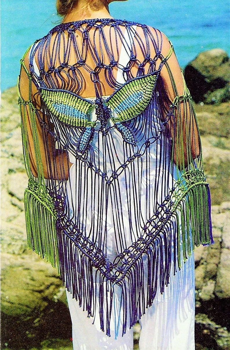 Vintage Macrame Pattern Womens Butterfly Shawl Wrap Fringed Beachcover PDF Instant Digital Download Hippie Boho Chic