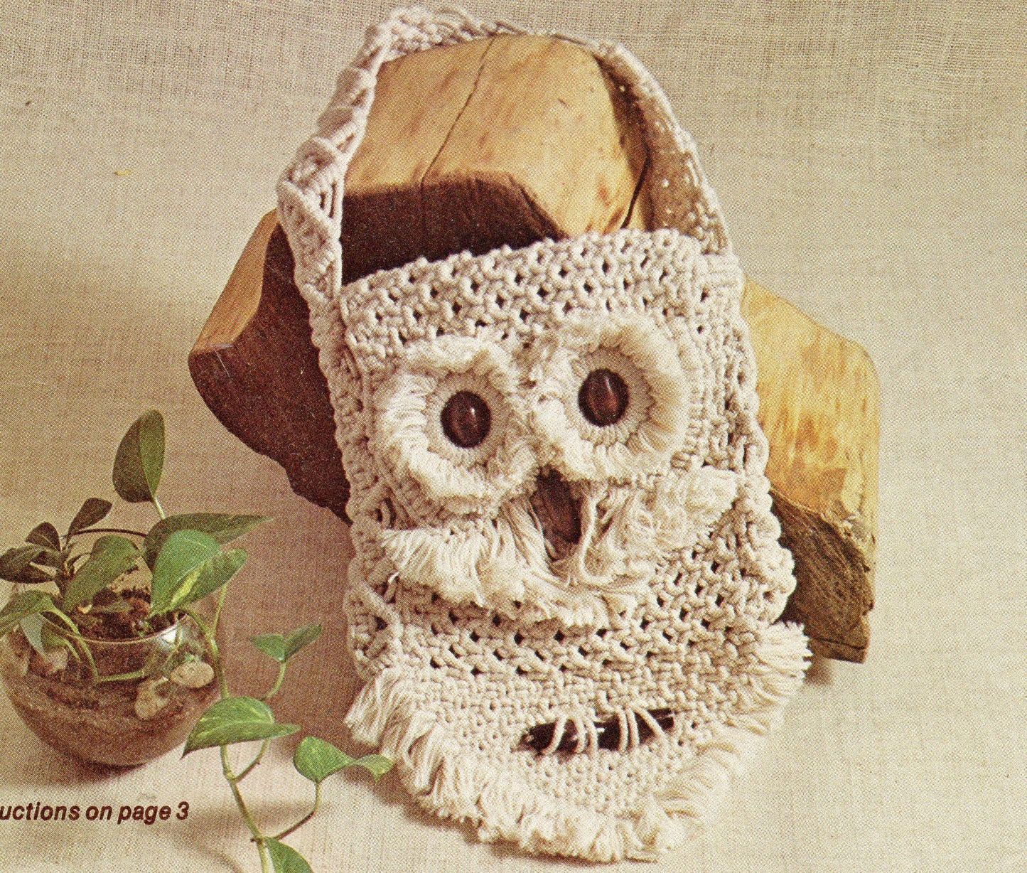 Vintage Macrame Pattern Owl Purse Handbag PDF Instant Digital Download Retro 1976 Design Synthetic Fiber Knotwork Kitschy Boho Shoulder Bag