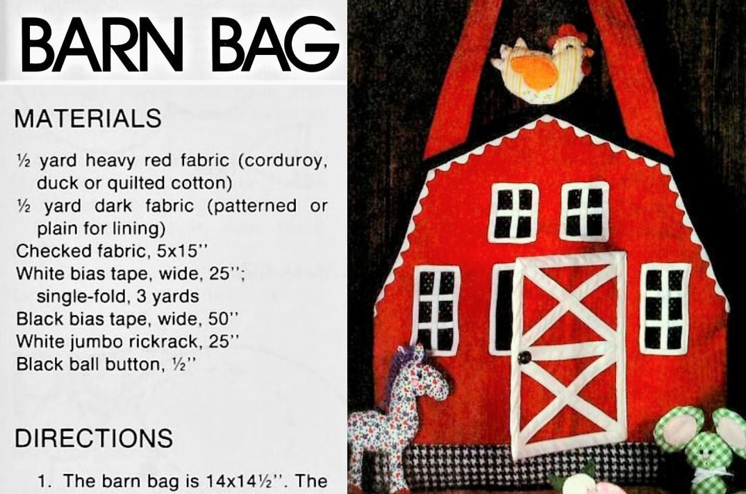 Vintage Sewing Pattern Farmyard Animals and Barn Tote Bag Cotton Prints Fabric Toys PDF Instant Digital Download Sewn Soft Scraps Playset