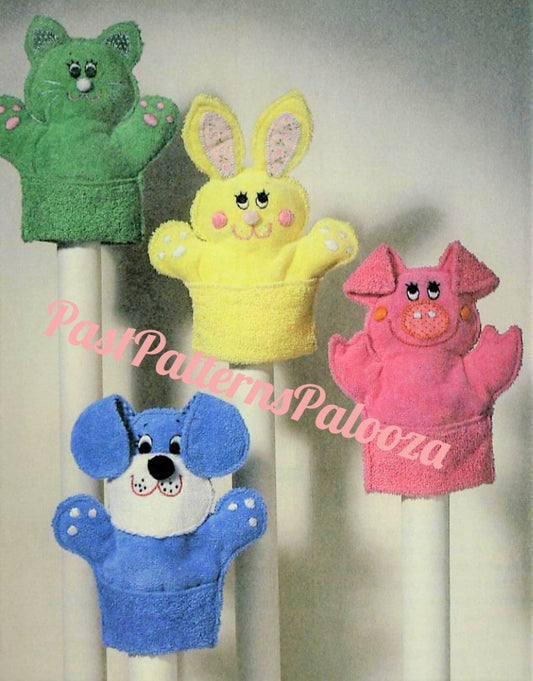 Vintage Sewing Pattern Velour Terrycloth Animal Washcloth Puppets PDF Instant Digital Download Cute Pig Bunny Puppy Kitty Cat