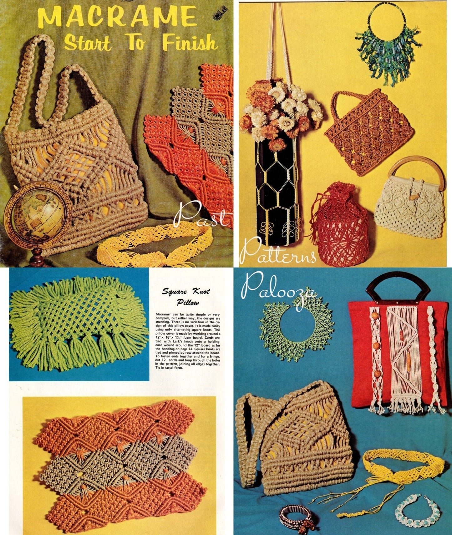 Vintage Macrame Start to Finish Patterns PDF Instant Digital Download Beginners Instructions Sampler Jewelry Handbag Projects Basic Knots