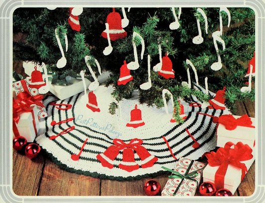 Vintage Crochet Pattern Musical Notes Christmas Tree Skirt & Ornaments Set PDF Instant Digital Download Bells Music Notes Appliques 10 Ply