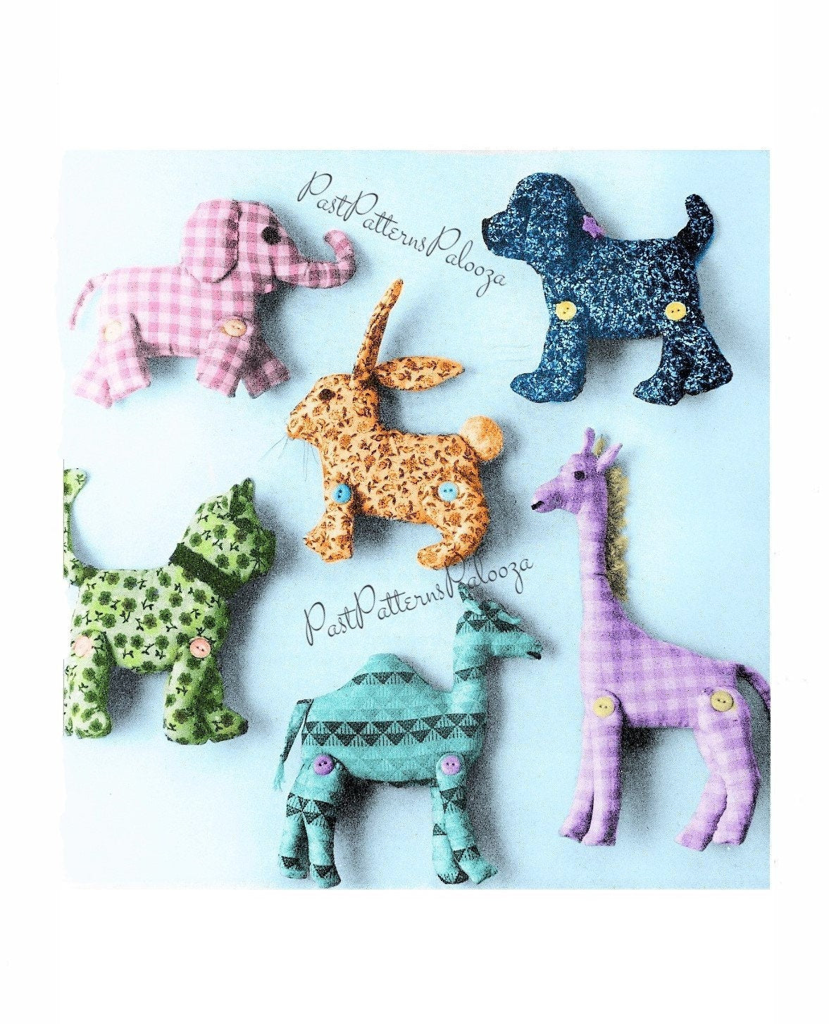 Vintage Sewing Pattern Cute Calico Gingham Animal Soft Fabric Toys PDF Instant Digital Download Plush Dog Cat Camel Giraffe Bunny Elephant
