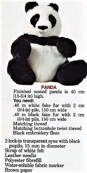 Vintage Sewing Pattern 16" Plush Panda Bear Toy PDF Instant Digital Download Sewn Soft Faux Fur Fabric Teddy Bear