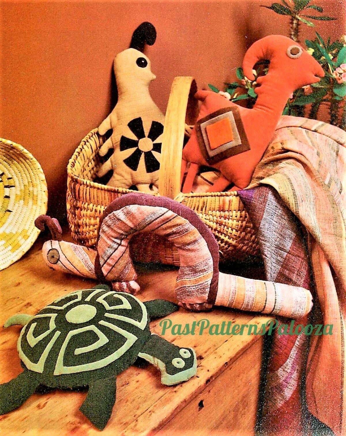 Vintage Sewing Pattern 15" Fun Aztec Animal Soft Pillow Toys Turtle Inchworm Antelope Quail Retro Mod Applique PDF Instant Digital Download