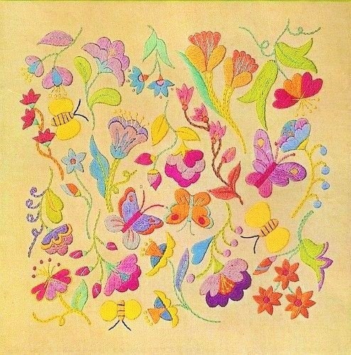 PDF Vintage 1970s Crewel Embroidery Pattern Bright Jacobean Floral Bees Butterflies Flowers Motifs Stitchery Instant Download