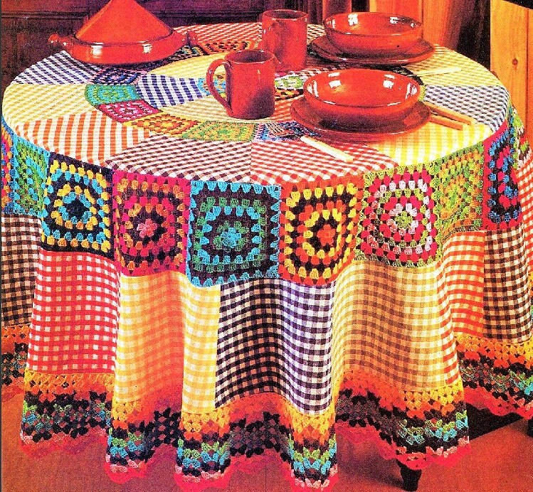 Vintage Crochet Pattern 72" Granny Square Round Tablecloth Sewn Gingham Fabric PDF Instant Digital Download Boho Chic 4 Ply Table Cover