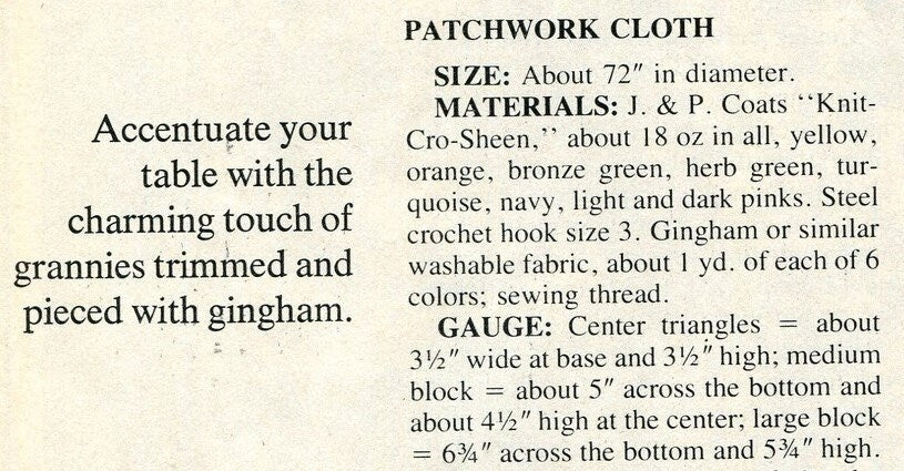 Vintage Crochet Pattern 72" Granny Square Round Tablecloth Sewn Gingham Fabric PDF Instant Digital Download Boho Chic 4 Ply Table Cover