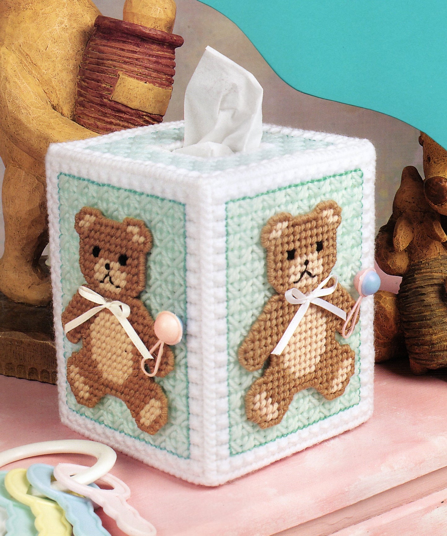 Vintage Plastic Canvas Tissue Box Cover Nursery Teddy Bears Pattern Baby's Room Tissue Topper PDF Instant Digital Download 7 Count