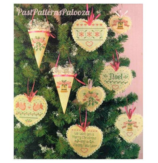 Vintage Cross Stitch Pattern Beaded Victorian Christmas Tree Ornaments PDF Instant Digital Download Perforated Paper Craft Hearts Cornucopia
