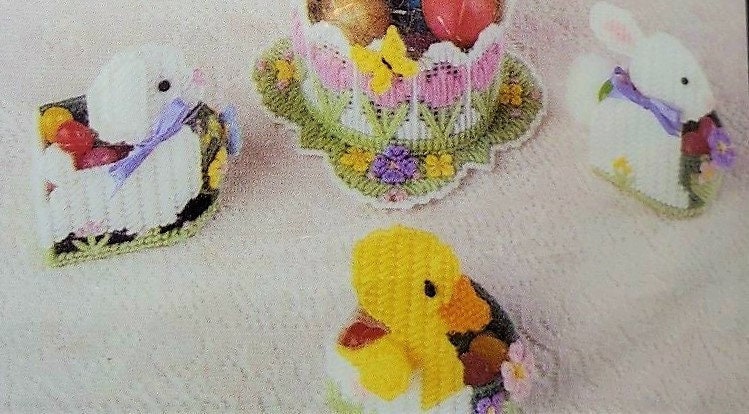 Vintage Plastic Canvas Pattern 4" Spring Bunnies Lambs Chicks Easter Candy Jelly Bean Holders PDF Instant Digital Download Mini Egg Baskets