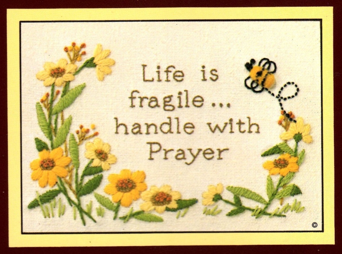 Vintage Crewel Embroidery Pattern Life Is Fragile Handle With Prayer Bumblebee Yellow Flowers Design PDF Instant Download Mini Stitchery 5x7