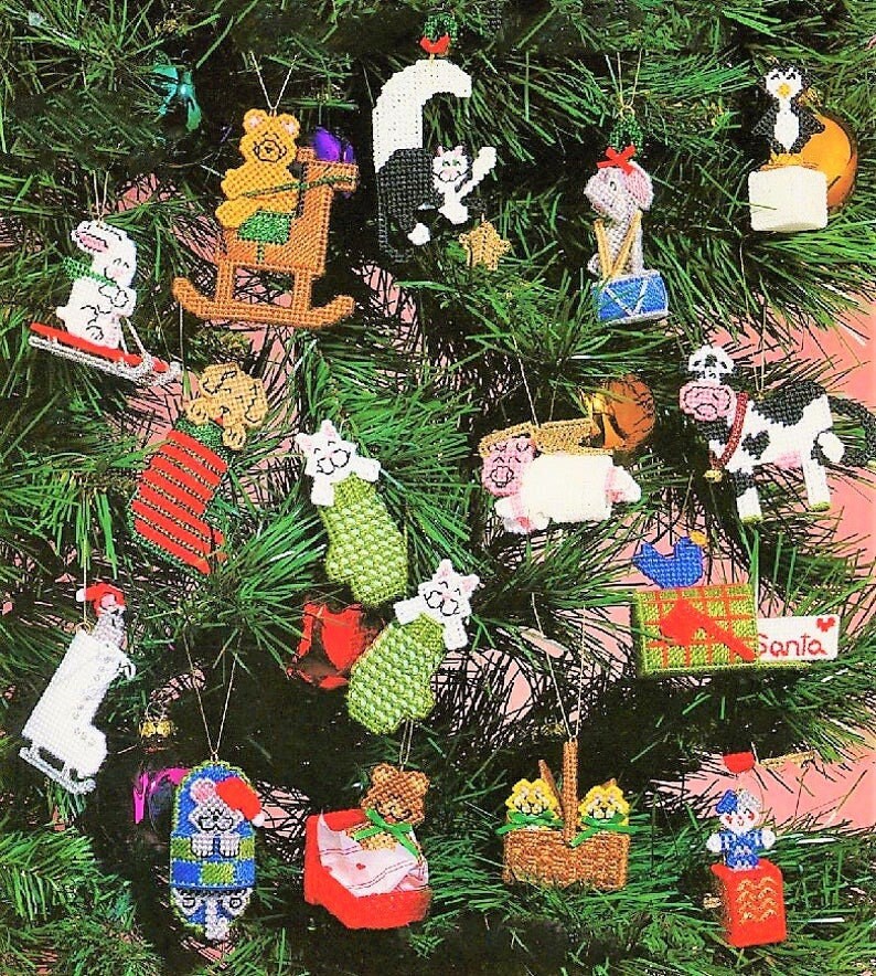 Vintage Plastic Canvas Pattern Miniature Animal Christmas Ornaments PDF Instant Digital Download Cute Tiny Tree Trims 15 Designs 10 Mesh