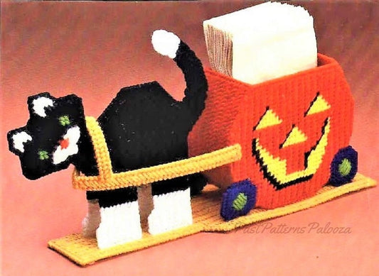 Vintage Plastic Canvas Pattern Black Cat Pumpkin Wagon Napkin Holder Centerpiece PDF Instant Digital Download Halloween Party Table Decor