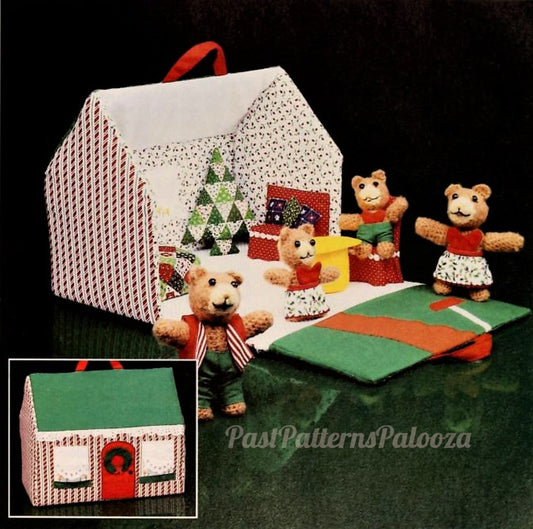Vintage Crochet & Sewing Pattern Teddy Bear Family Christmas House Furniture Play Set PDF Instant Digital Download Travel Storage Carry Toy