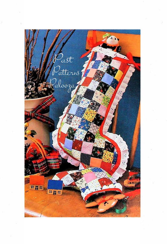 Vintage Christmas Sewing Pattern Pretty Patchwork Squares Memory Stocking and Ornament 2 Sizes PDF Instant Digital Download Eyelet Ruffle