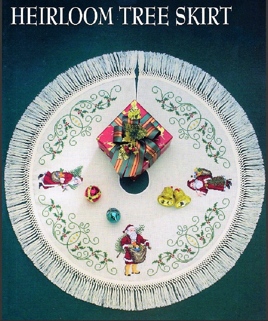 Vintage Cross Stitch Pattern Heirloom Santa Christmas Tree Skirt PDF Instant Digital Download Old World St Nick Holly Scrolls Design