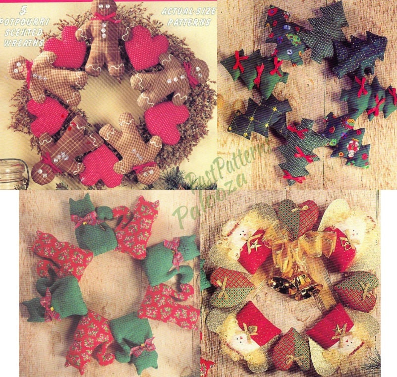 Vintage Sewing Patterns Calico Country Christmas Wreaths 5 Designs PDF Instant Digital Download Plush Trees Gingerbread Cat Angel Teddy