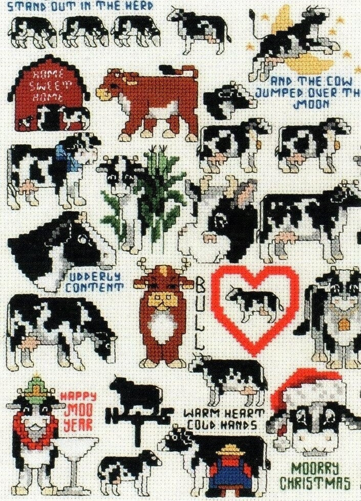Vintage Cross Stitch Patterns Cute Mini Cow Motifs PDF Instant Digital Download Embroidery 30 Kitsch Quirky Humorous Designs A1
