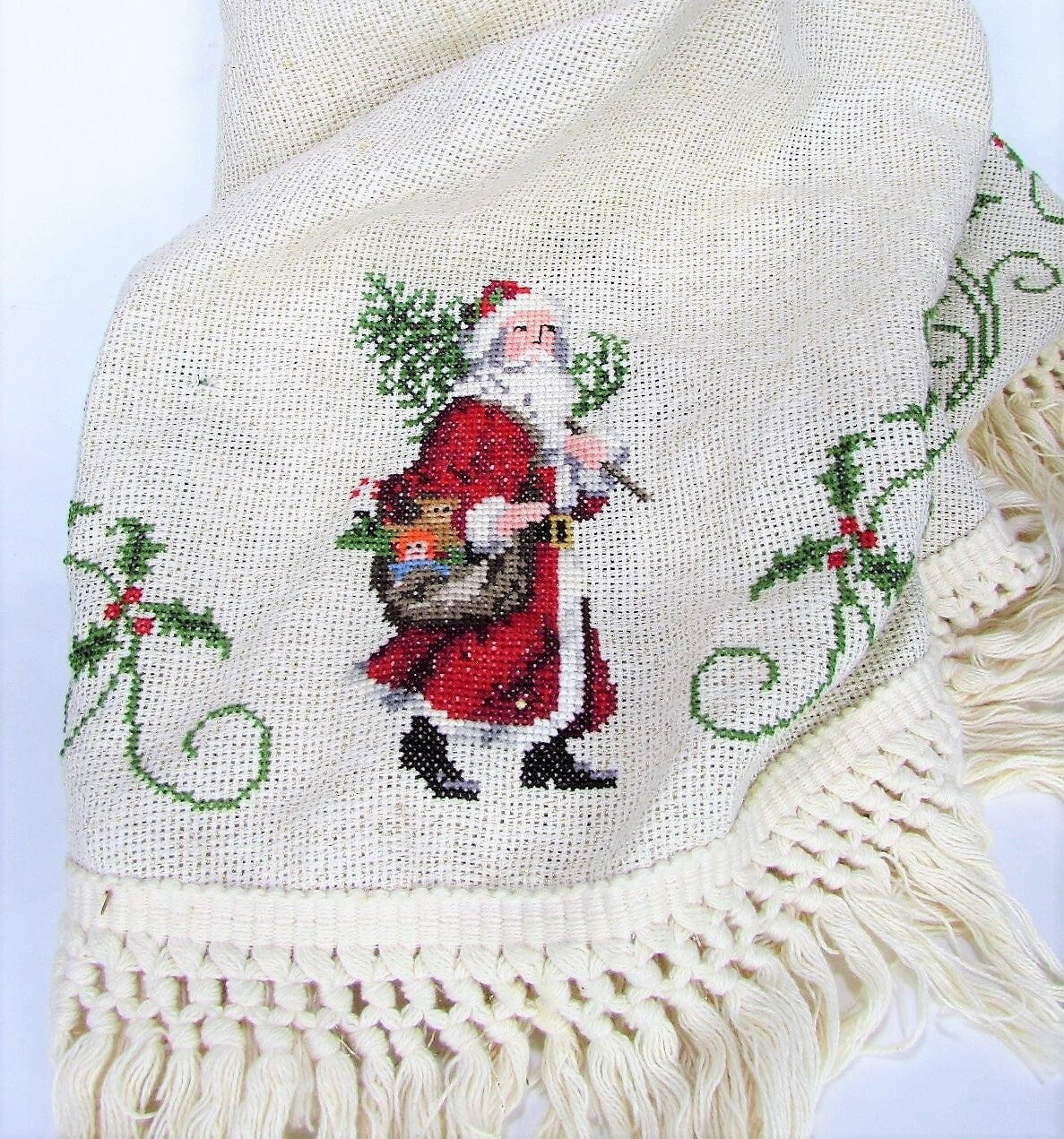 Vintage Cross Stitch Pattern Heirloom Santa Christmas Tree Skirt PDF Instant Digital Download Old World St Nick Holly Scrolls Design