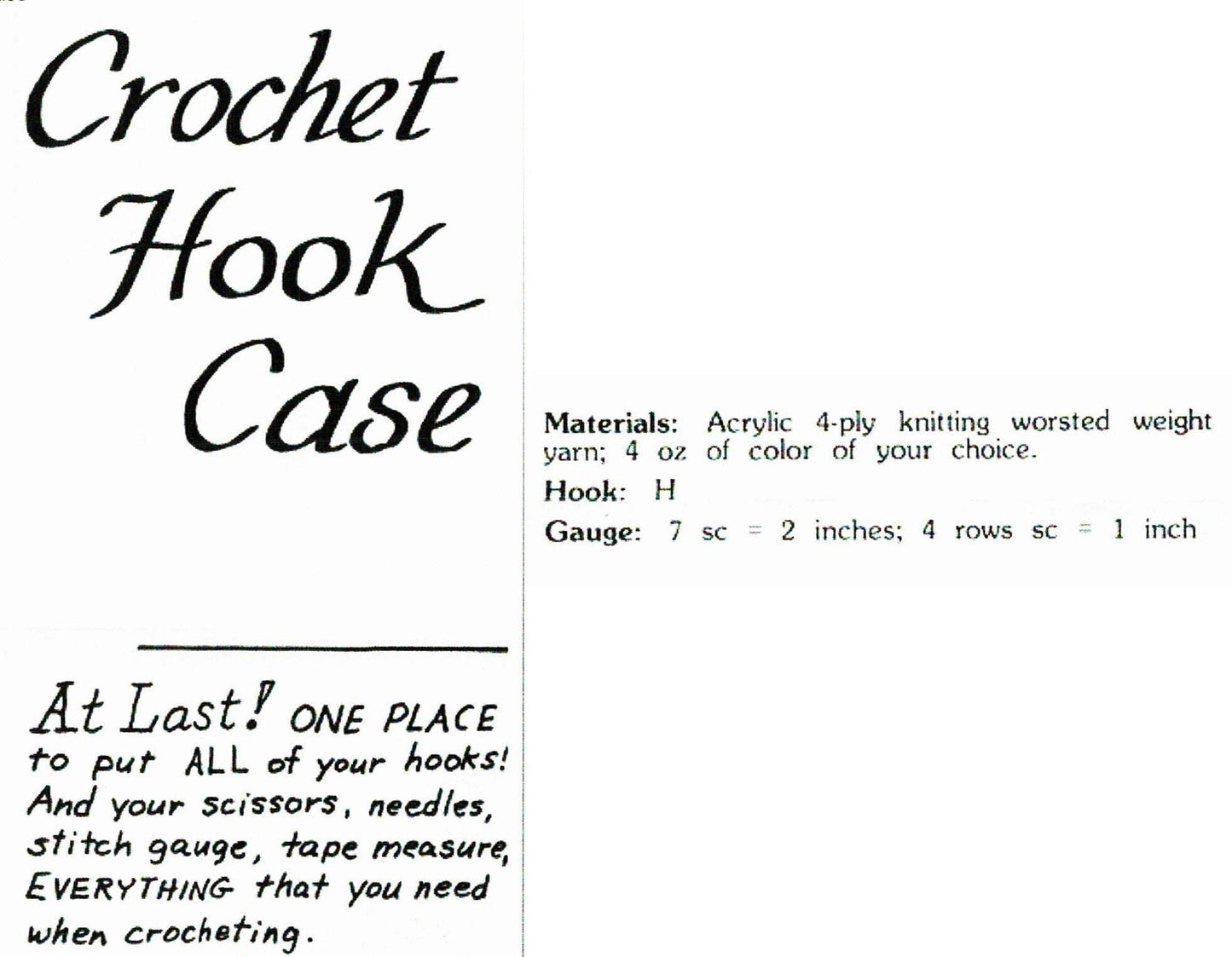 Vintage Crochet Pattern Crochet Hook Case Organizer PDF Instant Digital Download Hooks Needles Notions Folding Holder with Pocket