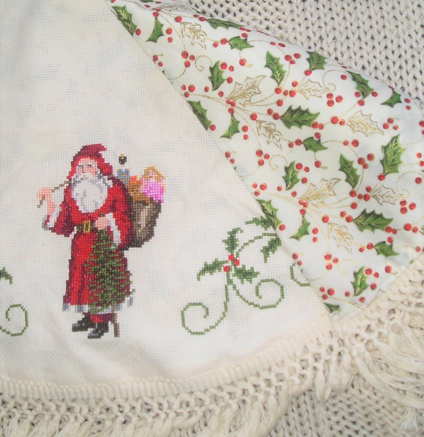 Vintage Cross Stitch Pattern Heirloom Santa Christmas Tree Skirt PDF Instant Digital Download Old World St Nick Holly Scrolls Design