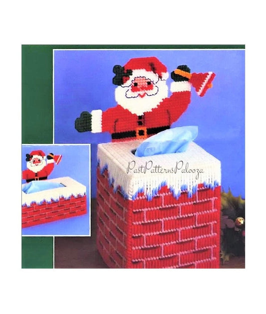 Vintage Plastic Canvas Christmas Tissue Box Cover Pattern Santa Chimney Holiday Tissue Topper PDF Instant Digital Download 2 Sizes 7 Count