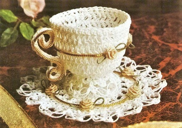 Vintage Crochet Pattern 2" Miniature Mini Teacup Saucer Set PDF Instant Digital Download Mini Fancy Dainty Demitasse Tea Cup Roses