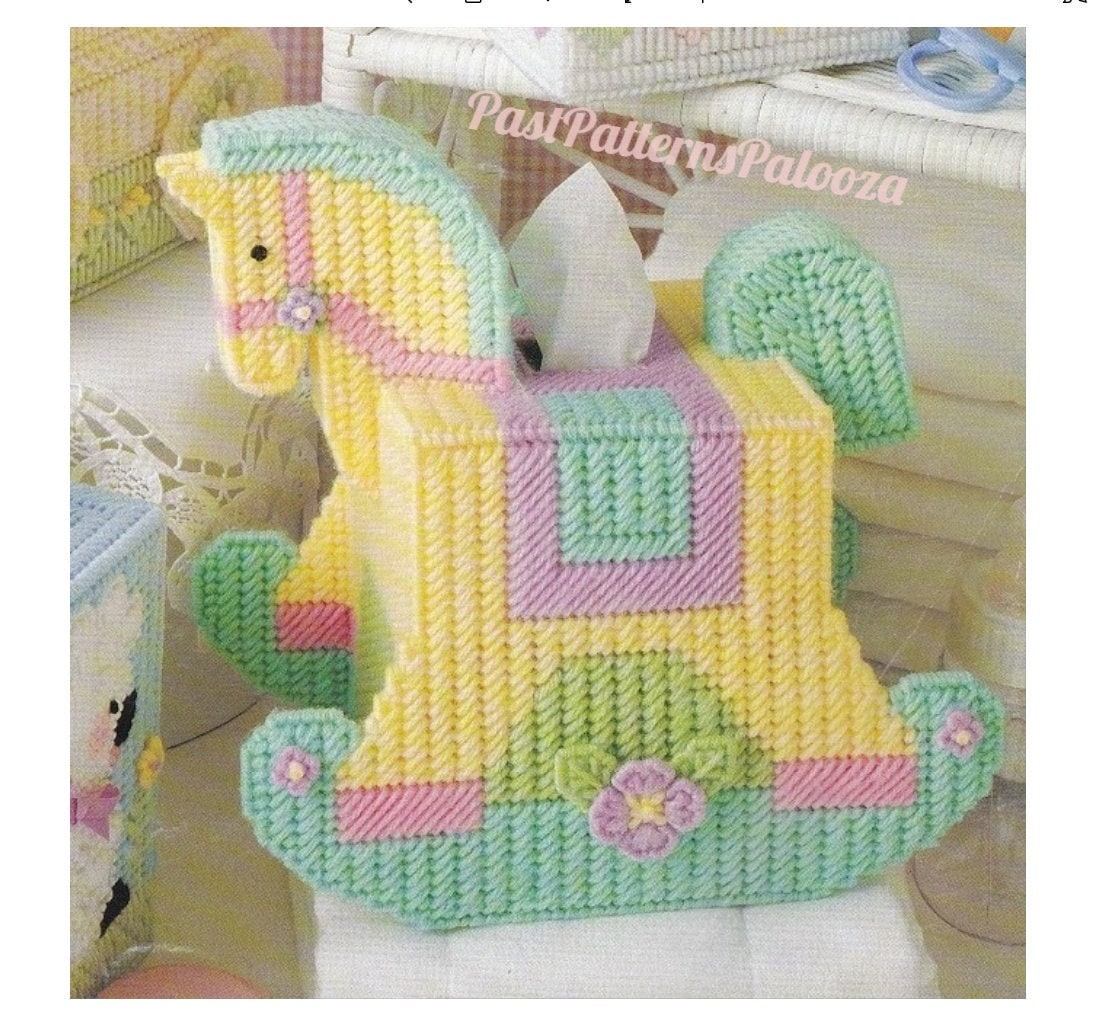 Vintage Plastic Canvas Pattern Tissue Box Cover Nursery Rocking Horse Baby's Room Tissue Topper PDF Instant Digital Download 7 Count