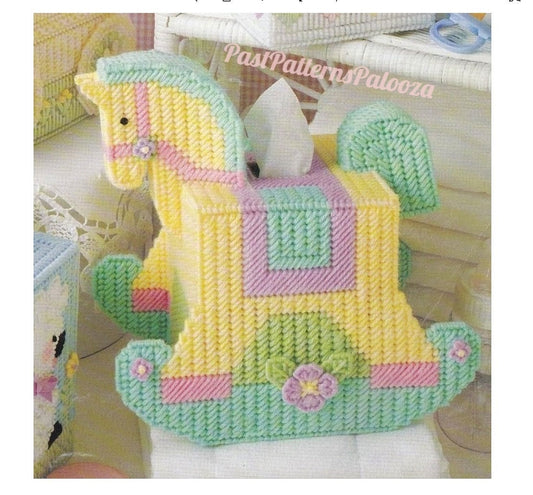 Vintage Plastic Canvas Pattern Tissue Box Cover Nursery Rocking Horse Baby's Room Tissue Topper PDF Instant Digital Download 7 Count