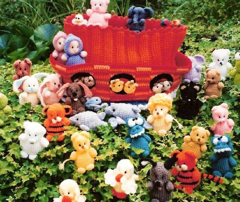 Vintage Crochet Pattern 4" Noahs Ark Amigurumi Mini Animal Beanies Soft Toys PDF Instant Digital Download 28 Animal Designs + Ark Storage