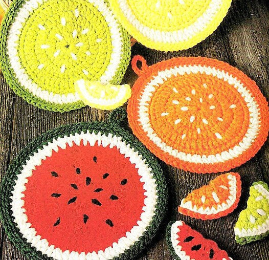 Vintage Crochet Pattern Fruit Slices Pot Holders Fridge Magnets Set PDF Instant Digital Download Watermelon Citrus Slices Potholders 4 Ply