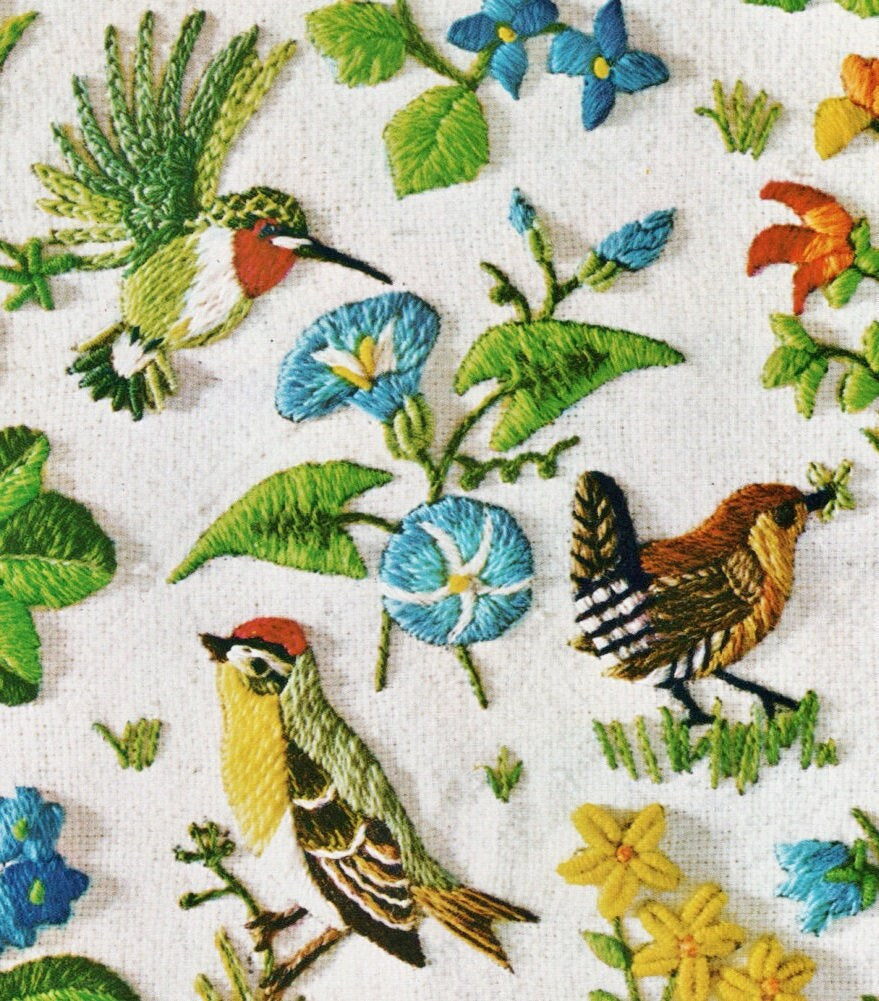 Vintage Crewel Embroidery Pattern Spring Birds Berries Plants Flower Blossoms Stitchery Motifs PDF Instant Digital Download Retro 1970s