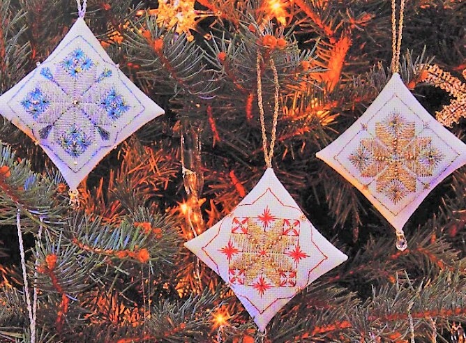Vintage Embroidery Pattern 4" Christmas Snowflake Diamond Tree Ornaments PDF Instant Digital Download Metallic Thread Beading