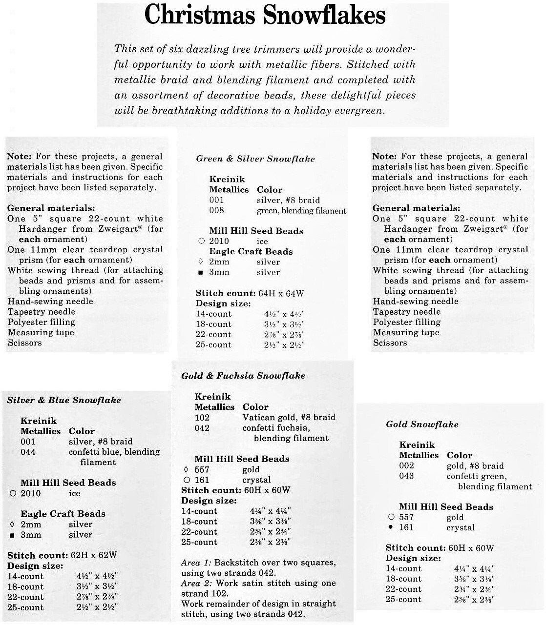 Vintage Embroidery Pattern 4" Christmas Snowflake Diamond Tree Ornaments PDF Instant Digital Download Metallic Thread Beading