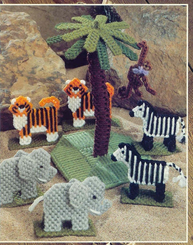 Vintage Plastic Canvas Noahs Ark Toy Play Set Tissue Box Cover and Hanging Mobile TWO Patterns PDF Instant Digital Download 7 Mesh