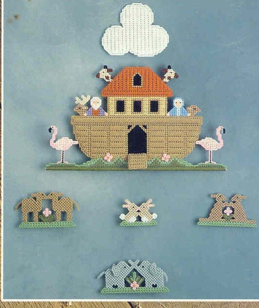 Vintage Plastic Canvas Noahs Ark Toy Play Set Tissue Box Cover and Hanging Mobile TWO Patterns PDF Instant Digital Download 7 Mesh