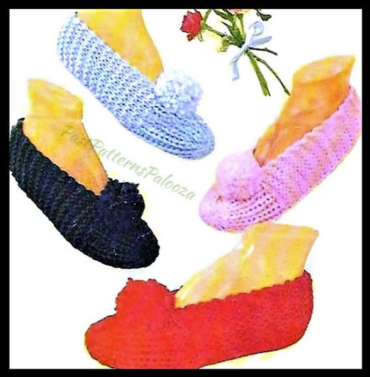 Vintage Crochet & Knitting Patterns Easy Quick Pompom Slippers Retro Cuddle Mocs PDF Instant Digital Download Family House Slippers 10 Ply
