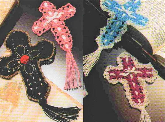 Vintage Thread Crochet Pattern Tasseled Crosses Bookmarks In 3 Sizes PDF Instant Digital Download Lacy Ribbons Roses Cross Designs