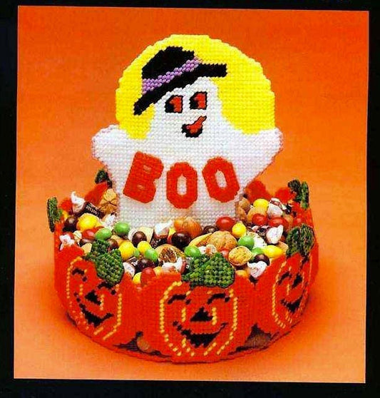 Vintage Plastic Canvas Pattern Boo Ghost Pumpkins Halloween Candy Treat Dish Basket Centerpiece PDF Instant Digital Download 7 Ct 8x9"