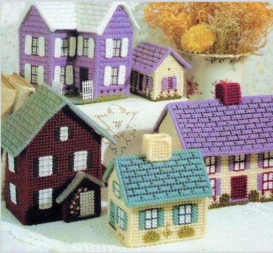Vintage Plastic Canvas English Cottages Houses Patterns PDF Instant Digital Download 9 Designs Recipe Holders Potpourri Containers 7 Mesh