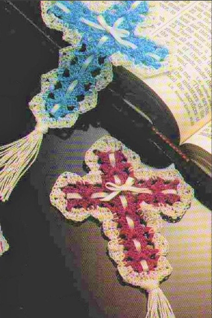 Vintage Thread Crochet Pattern Tasseled Crosses Bookmarks In 3 Sizes PDF Instant Digital Download Lacy Ribbons Roses Cross Designs