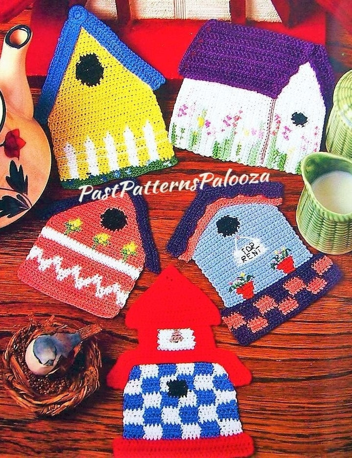 Vintage Crochet Pattern Pretty Birdhouse Potholders PDF Instant Digital Download Cute Bird House Pot Holders Cotton Thread 3 Designs