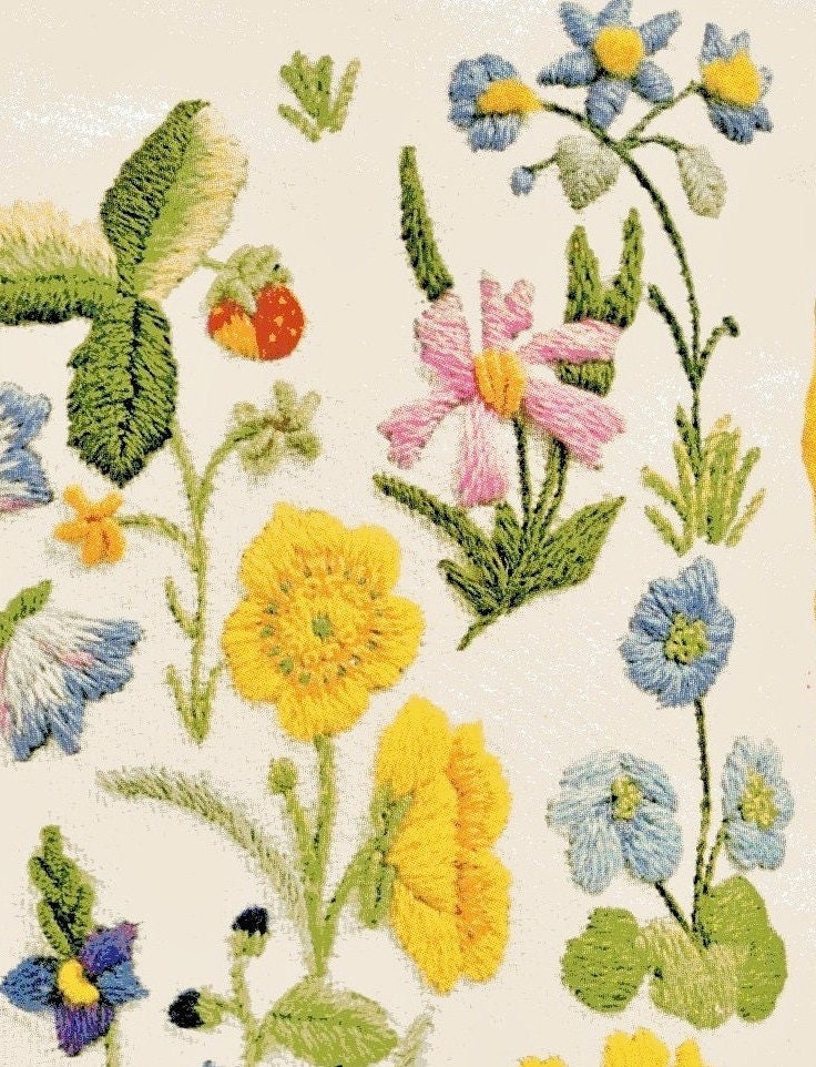 Vintage Crewel Embroidery Pattern Field Flowers Woodland Wildflowers Foliage Berries Blossoms Needlepoint PDF Instant Digital Download