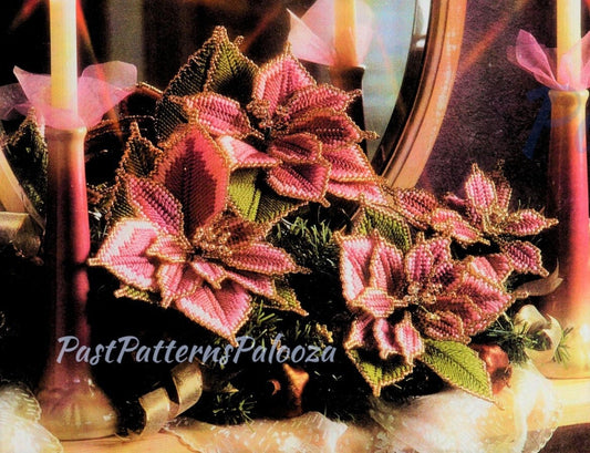 Vintage Plastic Canvas Pattern Victorian Rose Gold Poinsettias Christmas Flowers 4 Sizes PDF Instant Digital Download Beaded Stamen 7 Count