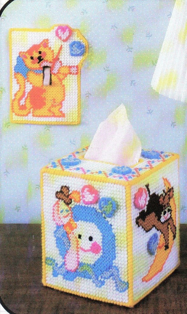 Vintage Plastic Canvas Tissue Box Cover Pattern Hey Diddle Diddle Nursery Rhyme Switch Plate Cover Baby's Room PDF Instant Digital Download